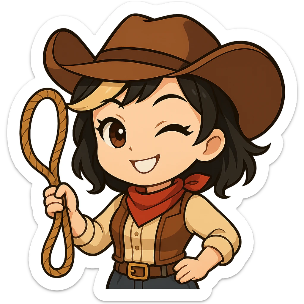 Edit the chibi cowgirl to have new anime-style eyes, holding a rope (lasso) in her left hand, right hand on her hip, with a big confident smile and a playful wink. Keep the cowboy hat, outfit, and chibi/anime style. Transparent background, sized for Twitch or Discord use. sticker