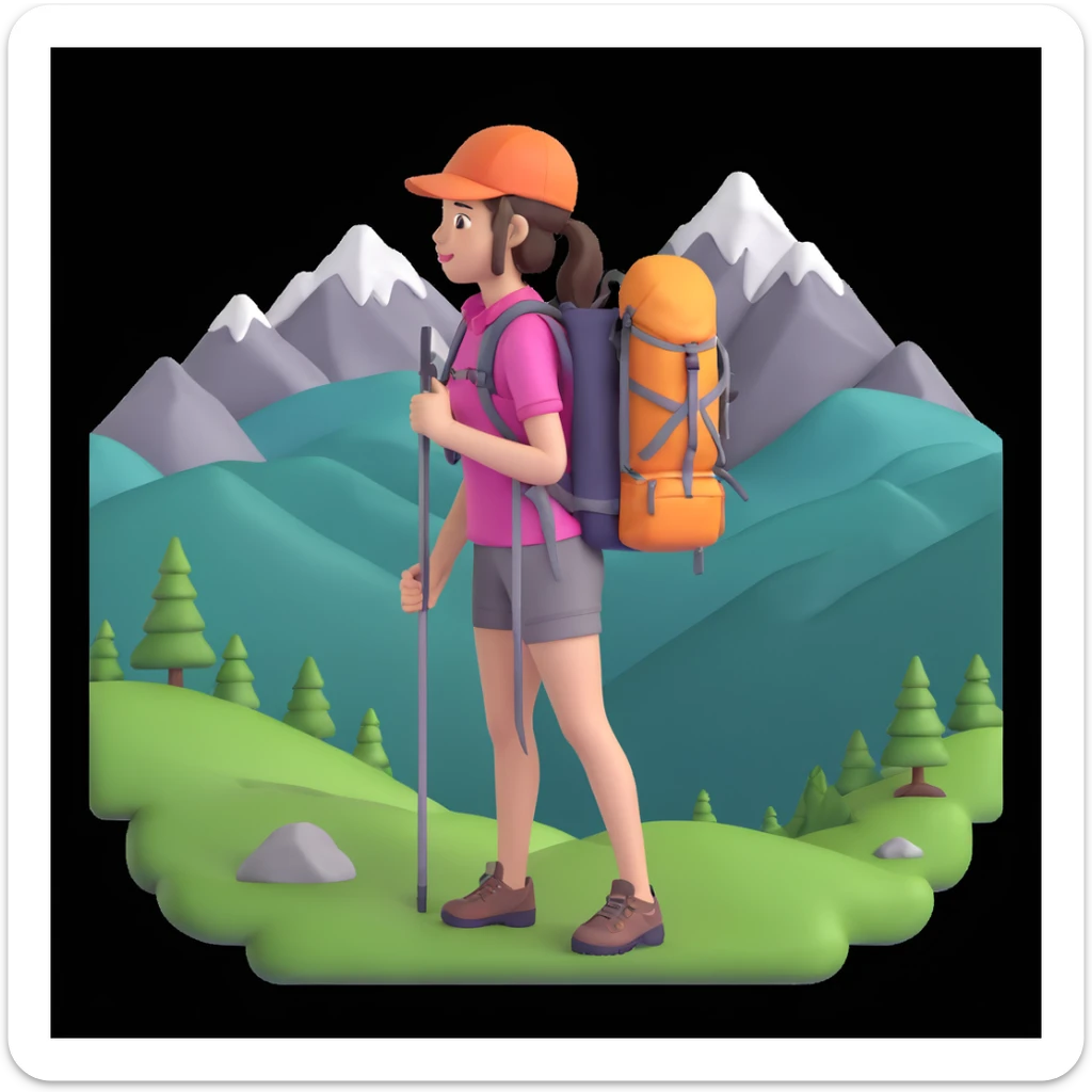 portrait of girl back packing mountains in background, close up pose sticker