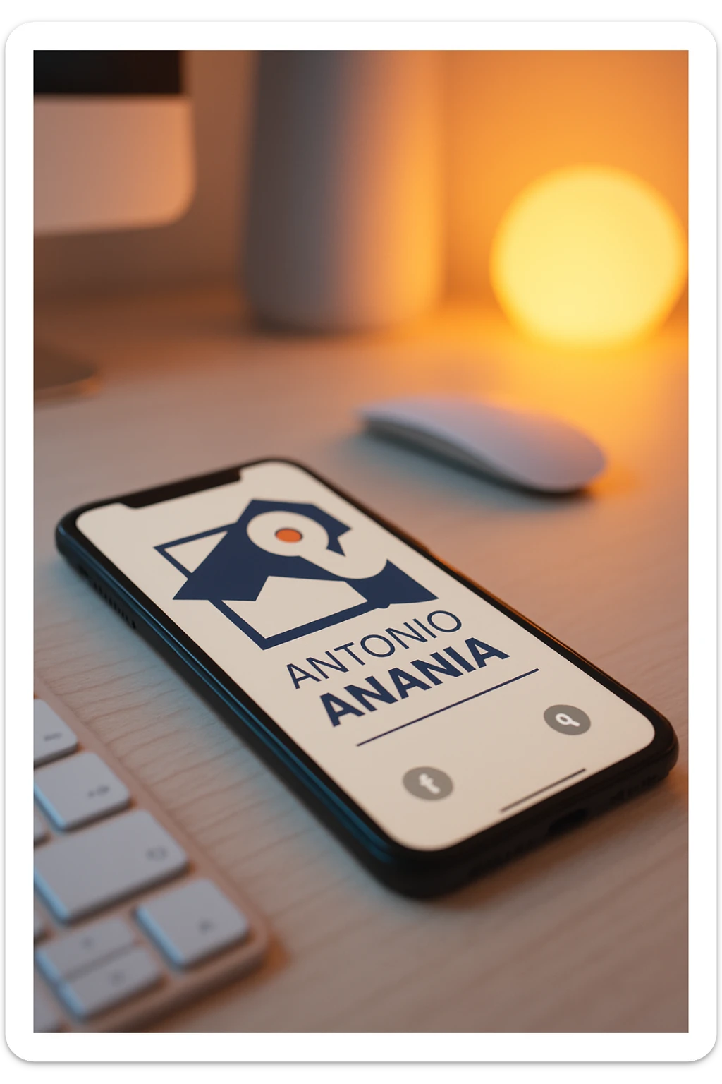 A photo of an iPhone on the desk with the message "Antonio Anania" on its screen, The phone sits atop a desk with a blurred background that suggests work environment. A faint glow from above casts gentle shadows across the surface of each object, creating depth and highlighting their textures sticker