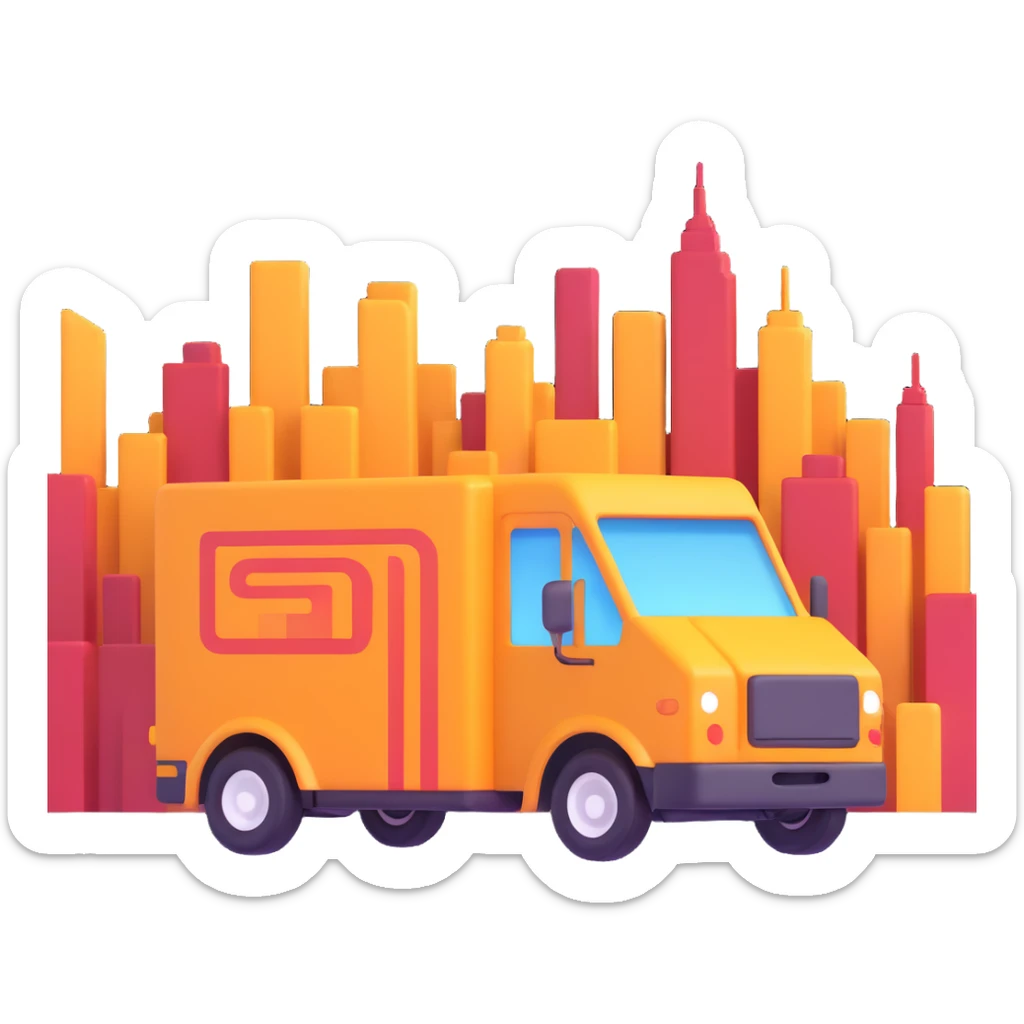 delivery truck with speed lines driving through a modern city, fastest delivery sticker