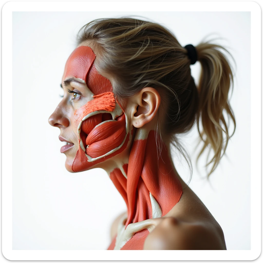 realistic anatomical side view of a woman with head and neck muscles highlighted, forehead or temples reddened, suffering expression, white background sticker