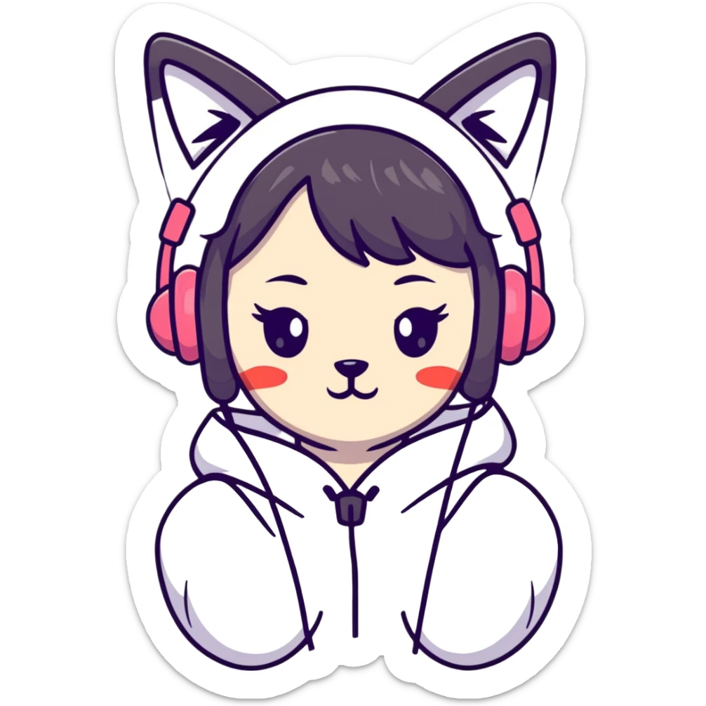 Cute anime style Japanese girl wearing colorful cat ear headphones sticker