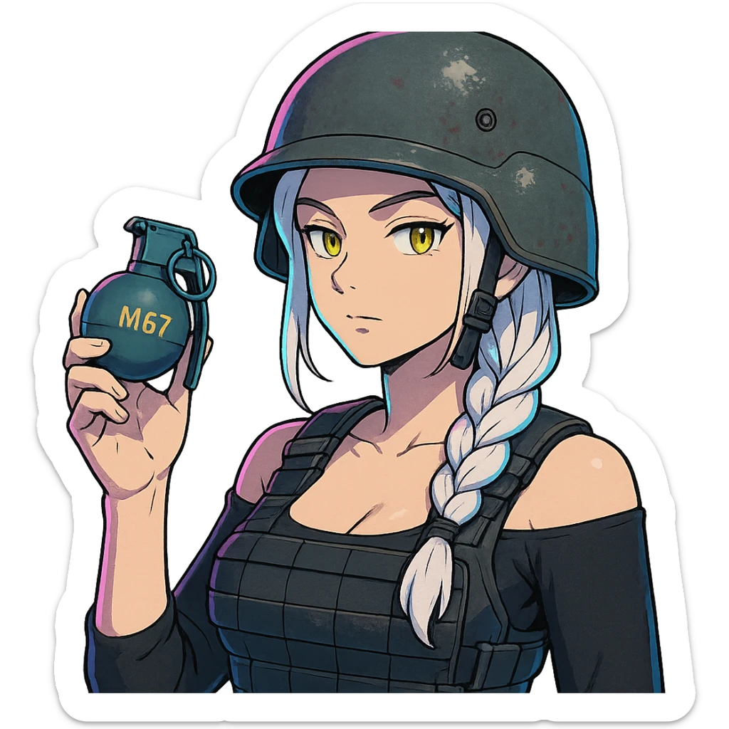  a closeup portrait of young woman with gold yellow eyes, white hair, long braid, black off-shoulder top d-cup, punk gothic style, futuristic cyberwave cyberpunk,  she has a plate carrier armor vest , and a old-style steel bulletproof combat helmet. holding up a m67 hand grenade  sticker