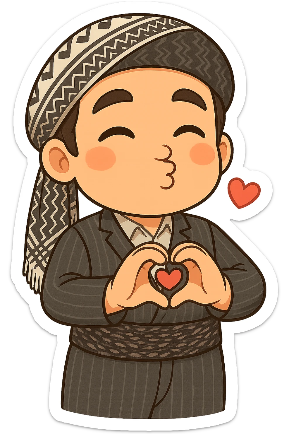 Cartoon sticker of a Kurdish man with the same clothes and scarf as the reference, no changes to clothes or scarf, face sending a kiss, both hands forming a heart in front of chest, colorful and cheerful, no shadows or color halos around the image, no text, suitable for WhatsApp and Instagram, fully transparent background. sticker