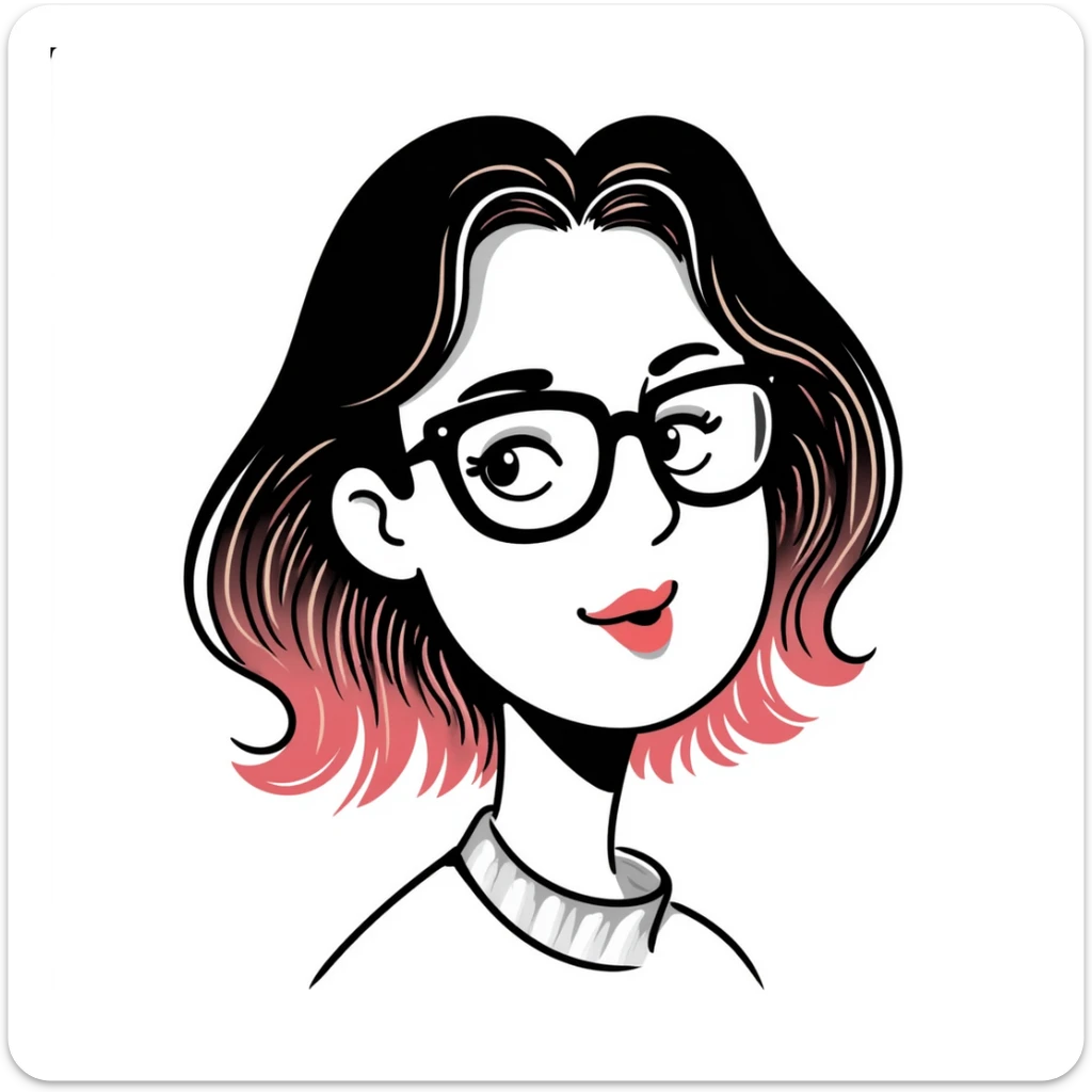 woman with gradient hair from dark to pink with glasses, brown roots, brown eyebrow, flirting sticker