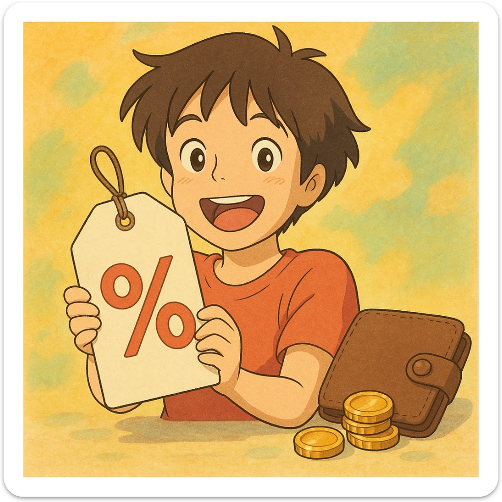 happy anime character holding a price tag with discount symbols, coins and wallet nearby, cheerful colors, Studio Ghibli style sticker