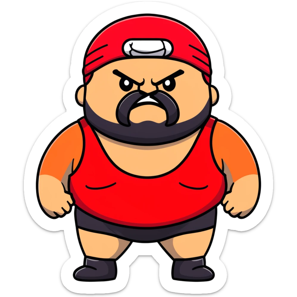 Close-up of morbidly obese white skin guy with young face, prominent BLACK DURAG tied clearly on head, distinct black beard and mustache, no muscle, black eyes in a red and black wrestling singlet with angry face sticker