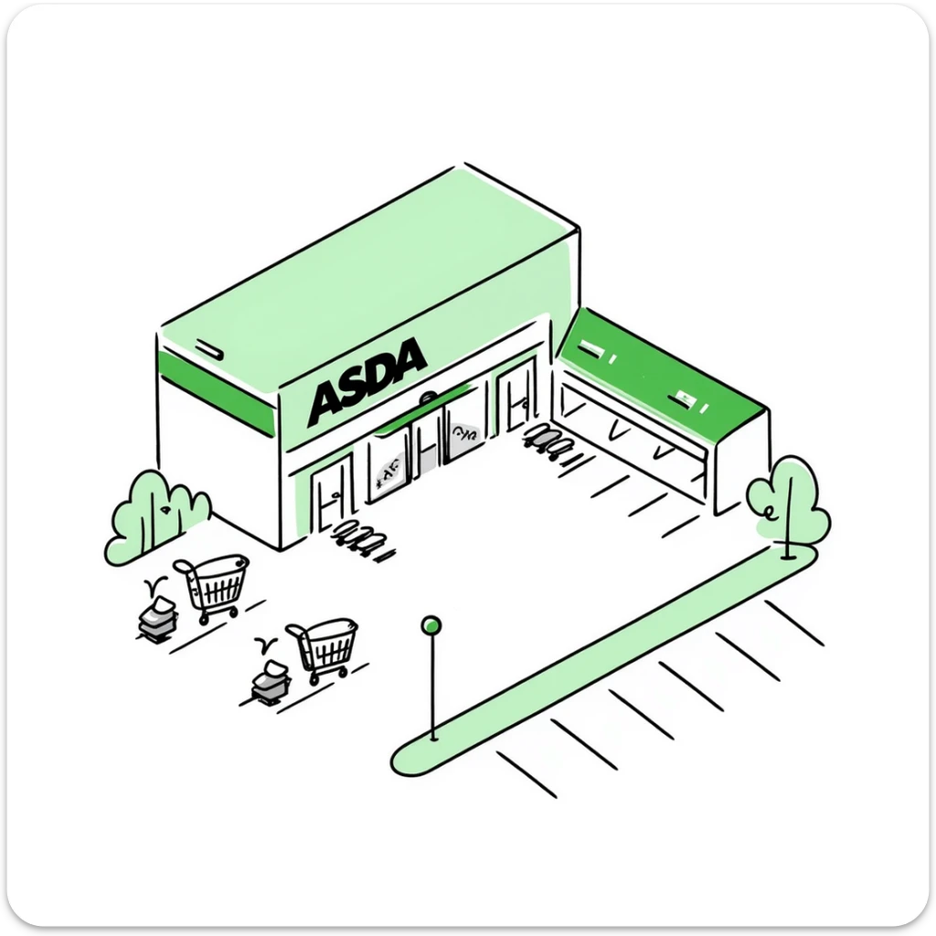 Isometric ASDA supermarket with distinctive green branding, shopping trolley collection points, customer entrance with automatic doors, and car park sticker