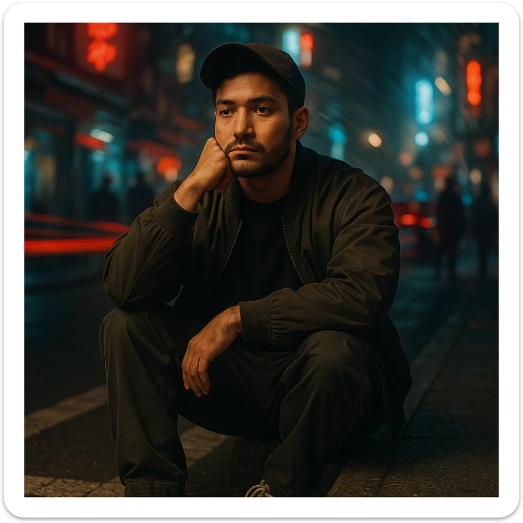Create a cinematic night photo of a Southeast Asian man in his early 30s with medium tan (sawo matang) skin tone, sitting on the edge of a city sidewalk at night. He wears a dark bomber jacket over a plain oversized T-shirt, loose-fit cargo pants, worn-in sneakers, and a black baseball cap forward and slightly tilted. He sits with one knee up, one arm resting across it, the other hand propping up his head, chin on knuckles, staring blankly ahead, deep in thought. The urban background is chaotic and colorful with glowing neon signs, red and blue light streaks from cars, blurred pedestrians, and a spiral or radial motion blur effect. Cinematic lighting softly highlights his face with a warm glow, surroundings moody and dark, raw introspective neo-noir feel. Gritty textured ground with crosswalk lines and asphalt. Use the reference image for facial structure and vibe. sticker