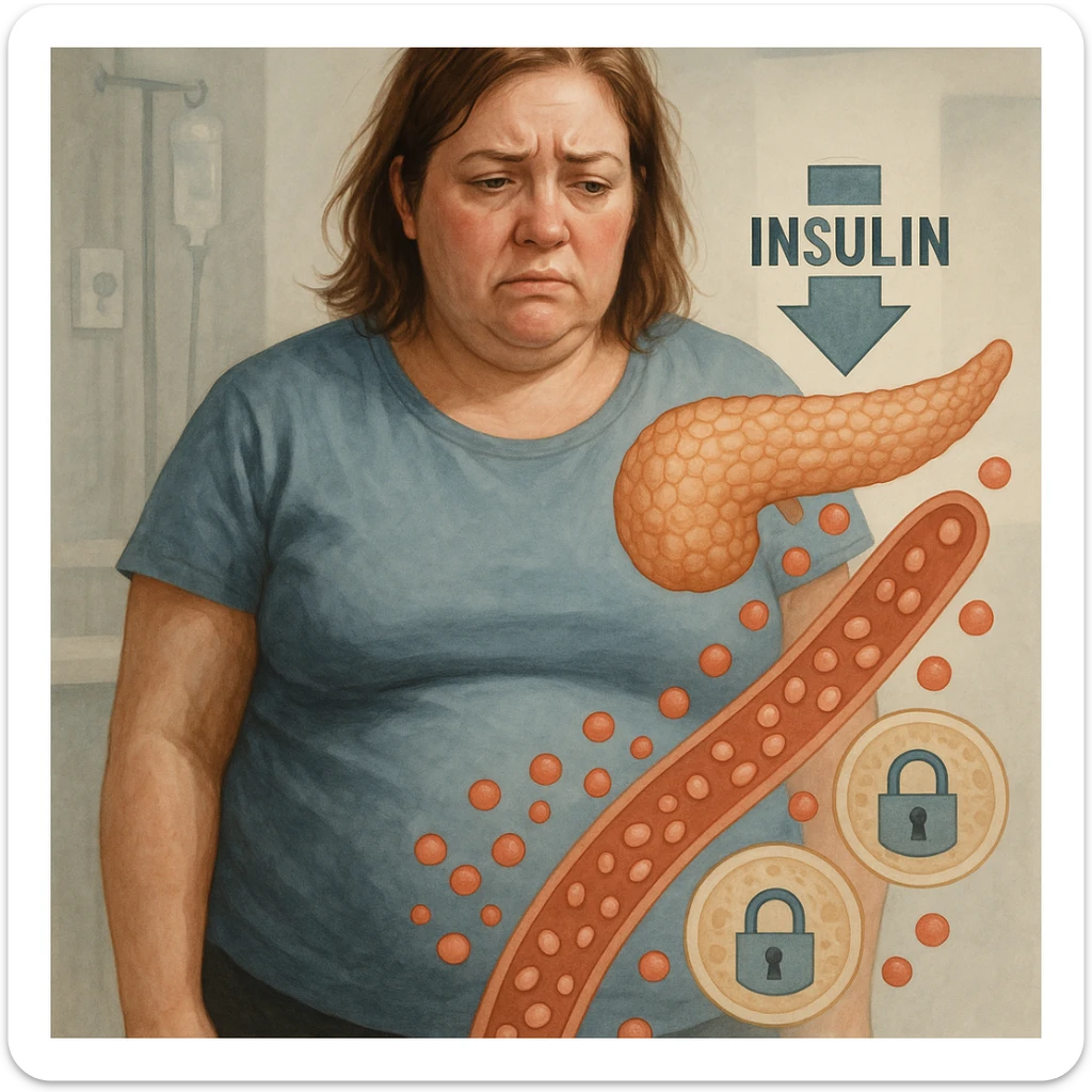 Realistic woman in clinical environment, about 38 years old, overweight on abdomen and face. Expression of fatigue and frustration. Around: stylized pancreas with low insulin symbol, glucose in the blood, cells with closed padlocks. Realistic and symbolic style. sticker
