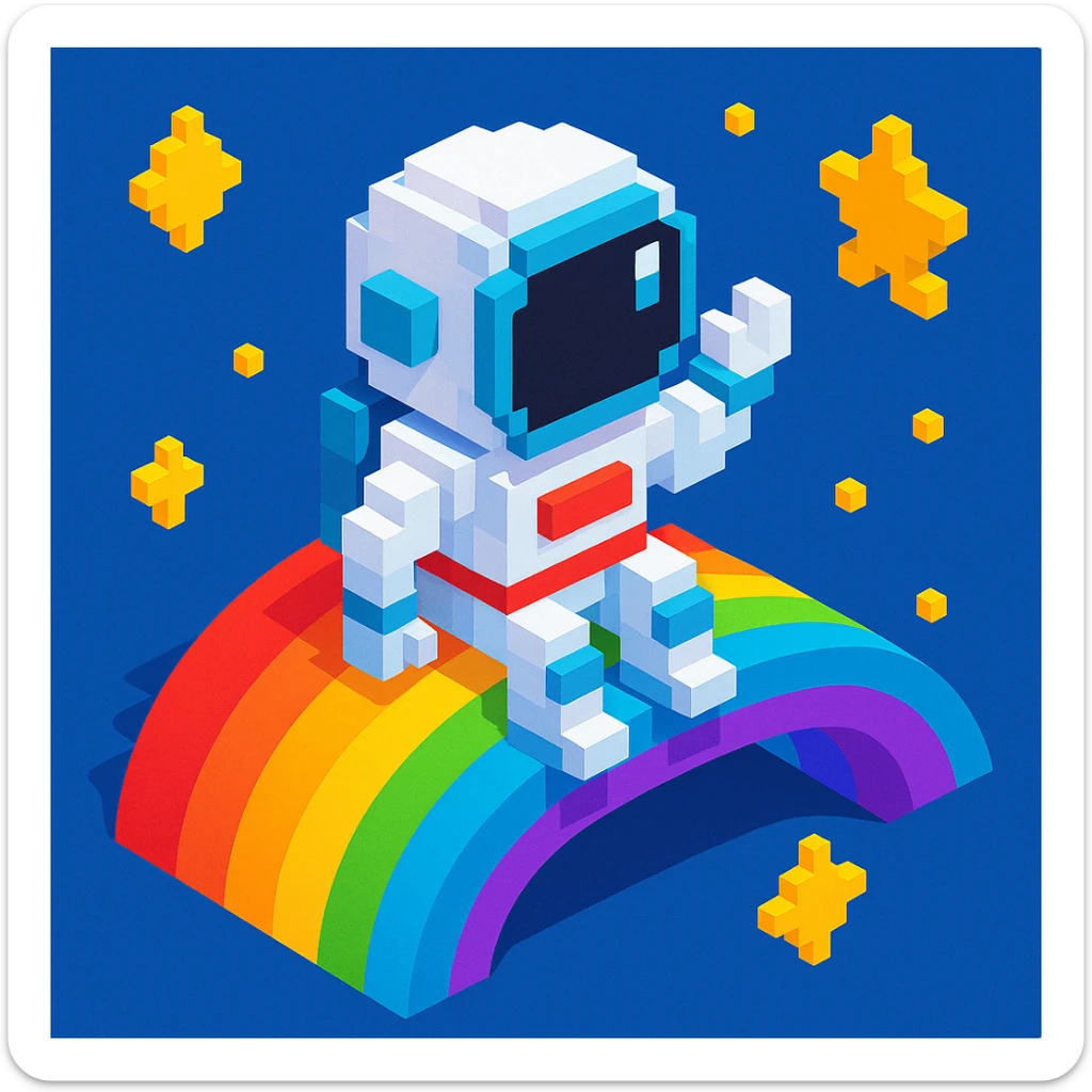 astronaut riding rainbow in starry night, colored background sticker