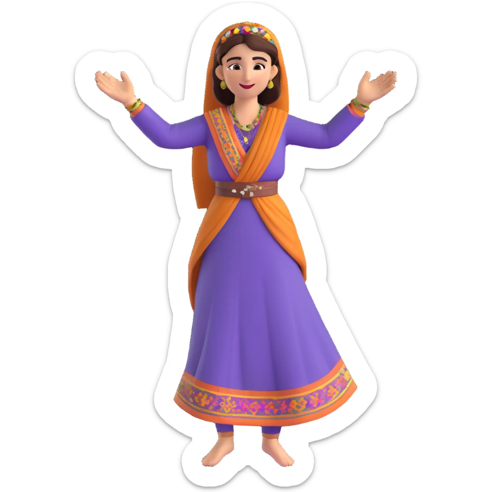 cartoon sticker of a Kurdish woman in traditional female clothing dancing Kurdish dance with hands raised and foot movement, colorful and joyful, no text, suitable for WhatsApp and Instagram sticker