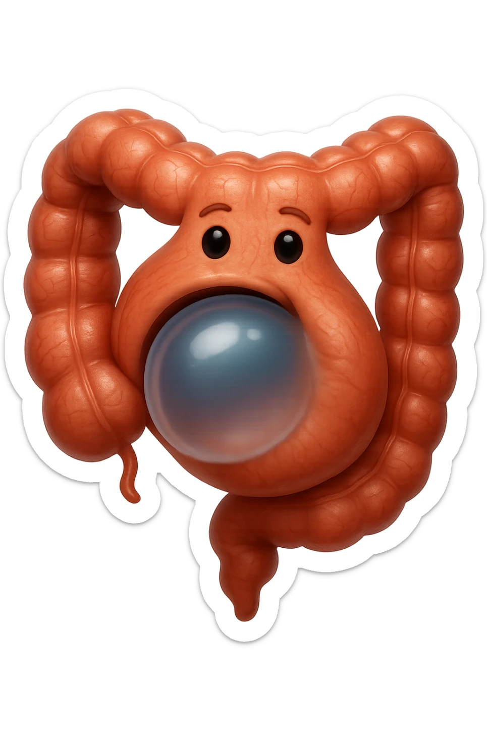 emoji stile iphone di un intestino che ingoia una nuvoletta di aria ben visibile e gli si gonfia la pancia, non fargli il naso, iperrealistico 4k sticker
