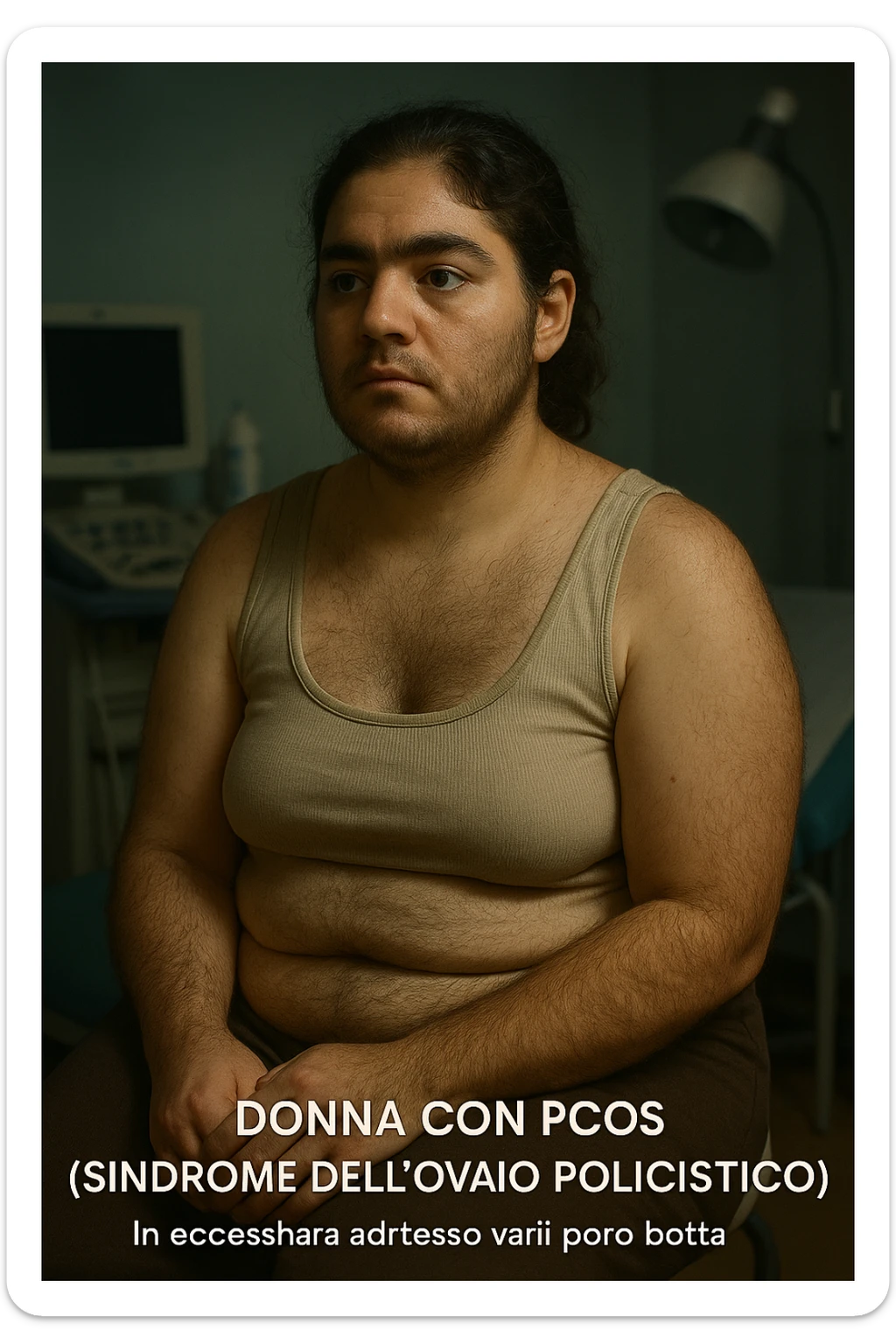 vertical realistic cinematic illustration of a woman with PCOS (polycystic ovary syndrome), visible excess hair on face, arms, and body, clinical atmosphere, dramatic lighting, Italian captions, aspect ratio 2:3 sticker