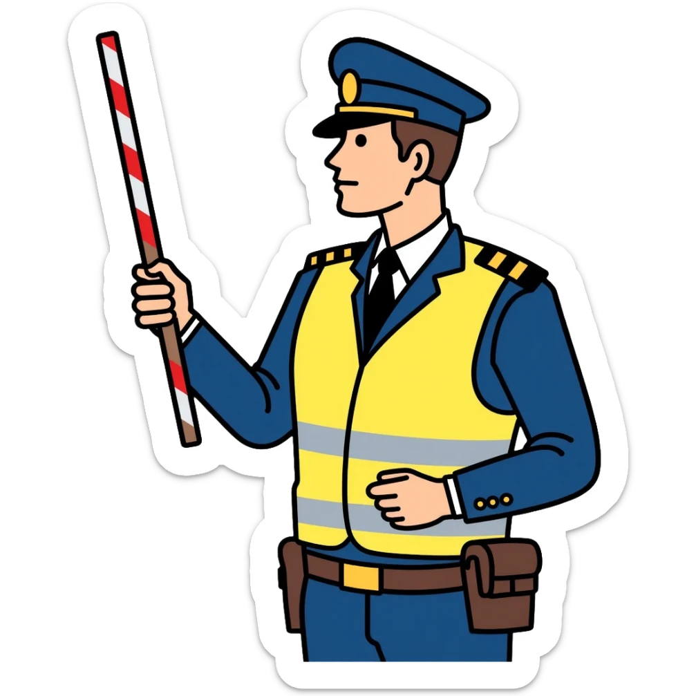 Russian traffic police officer with reflective vest, blue uniform, peaked cap, directing traffic with striped baton sticker