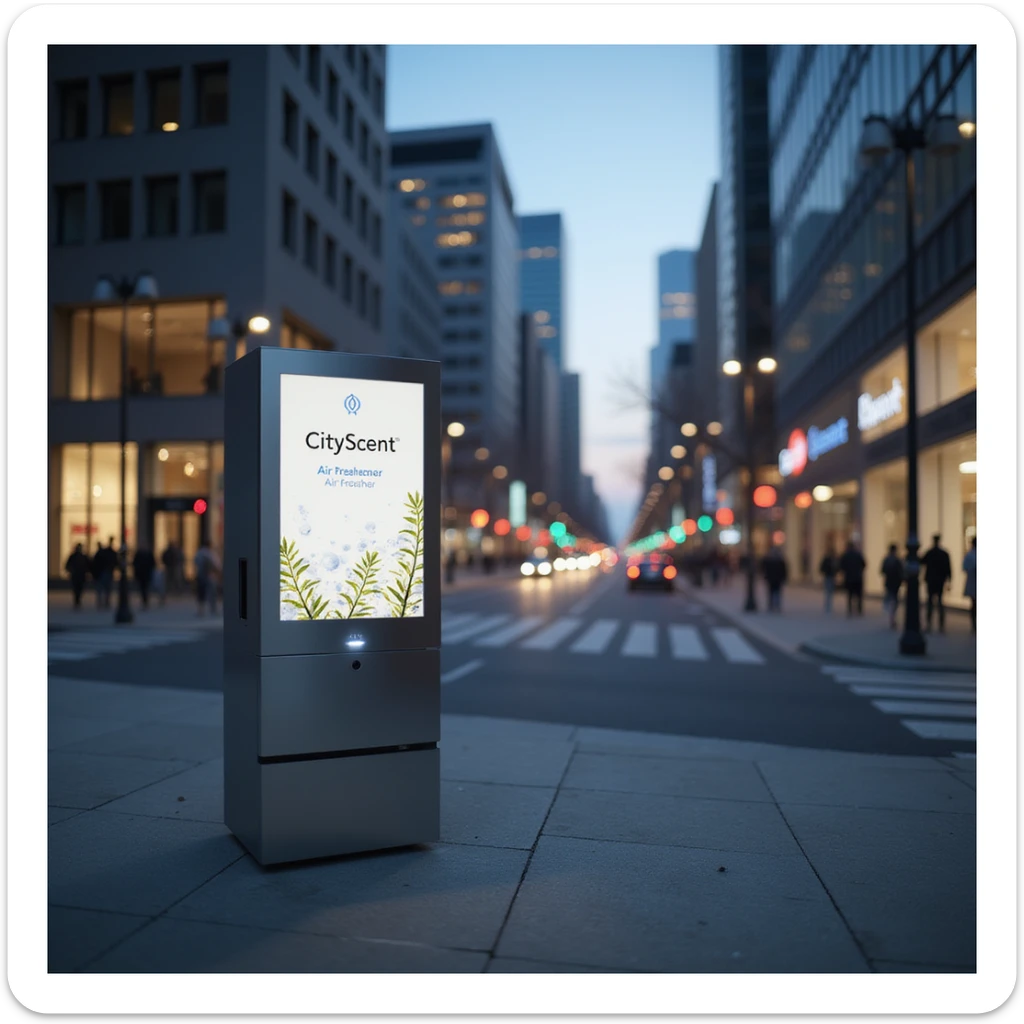 realistic illustration of the CityScent air freshener machine placed prominently in the center of a modern city, evening setting, city lights, calm urban atmosphere, no people, focus on the machine sticker