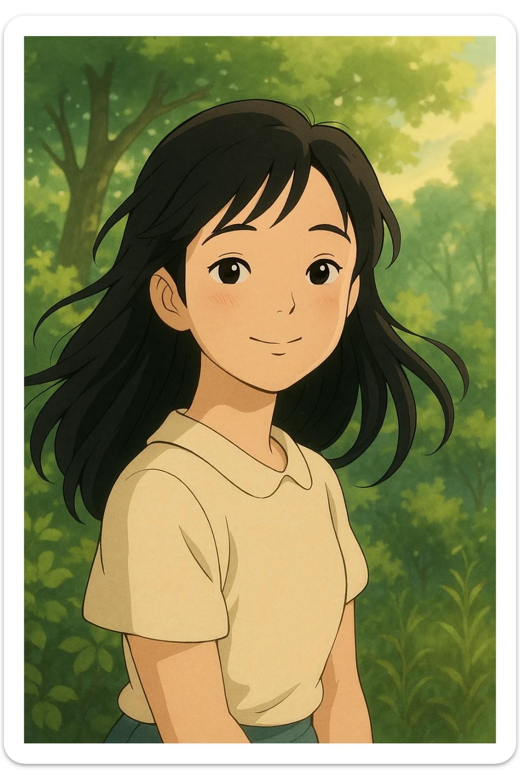Chinese girl, ghibli style, gentle smile, flowing hair, nature-inspired background sticker