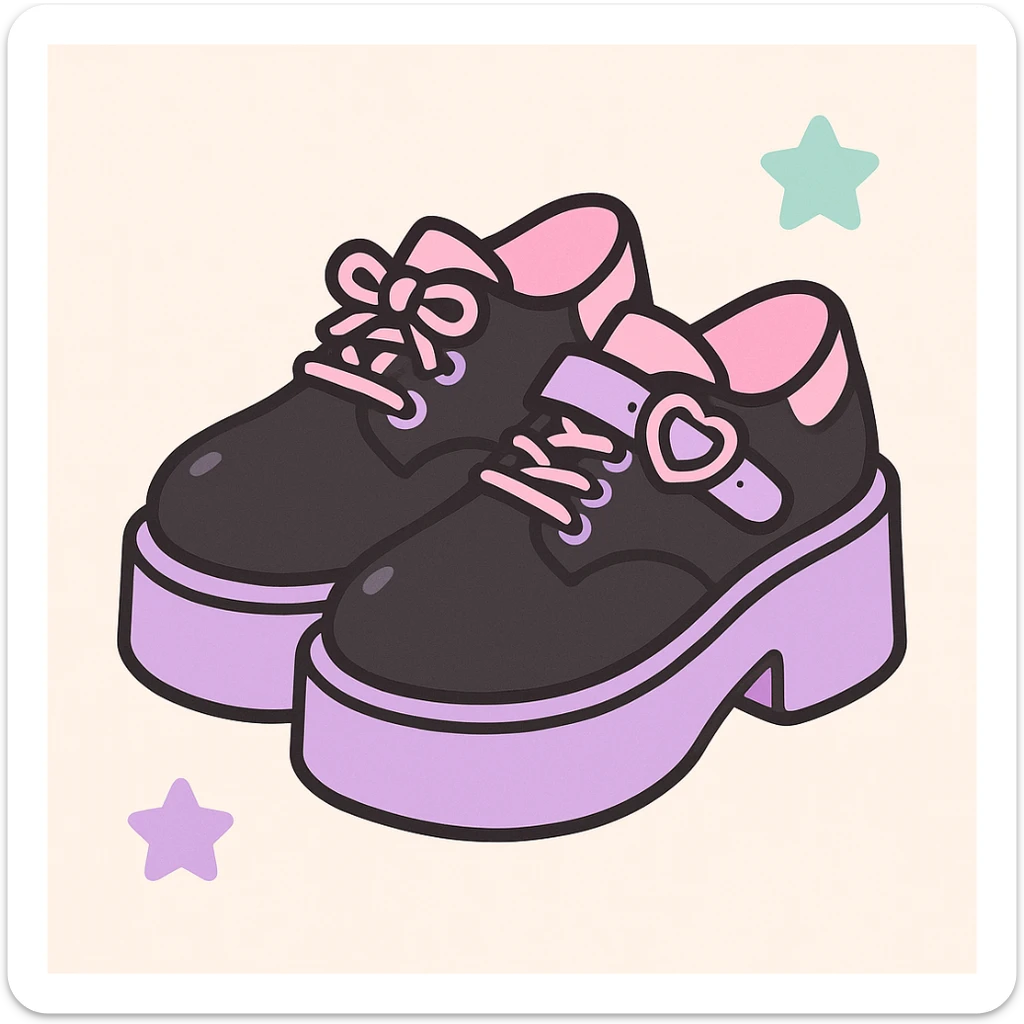 Add pastel pink and pastel purple accents to the BLACKPINK-inspired gothic shoes, keep them cute and stylish, kawaii style, no hearts. sticker