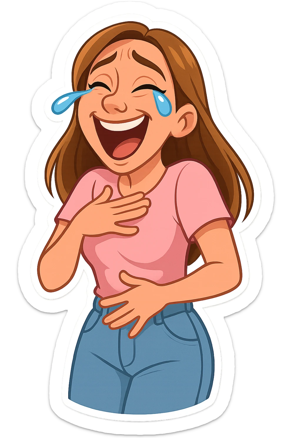 3D cartoon sticker, DreamWorks style of a 30-year-old woman with long light brown hair below shoulder blades, fair skin, large expressive blue eyes, slight bump on nose, wearing a pastel pink t-shirt and light blue mom jeans, laughing to tears, soft light, white sticker outline sticker