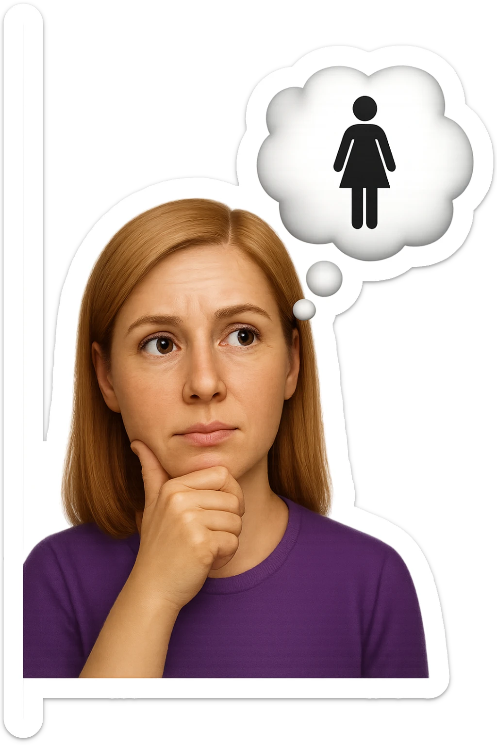 emoji stile iphone di una donna con nuvoletta di pensiero con all'interno la toilet per donne, iperrealistico 4k sticker