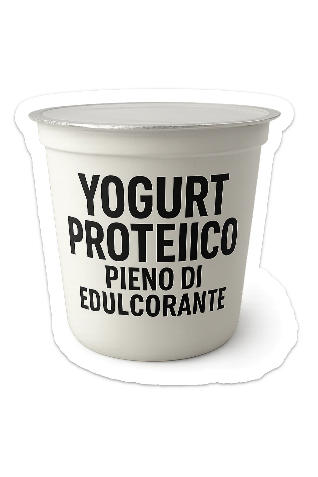 Yogurt proteicO CON LA SCRITTA "YOGURT PROTEICO PIENO DI EDULCORANTE" SULL'ETICHETTA,  iperrealistico 4k sticker