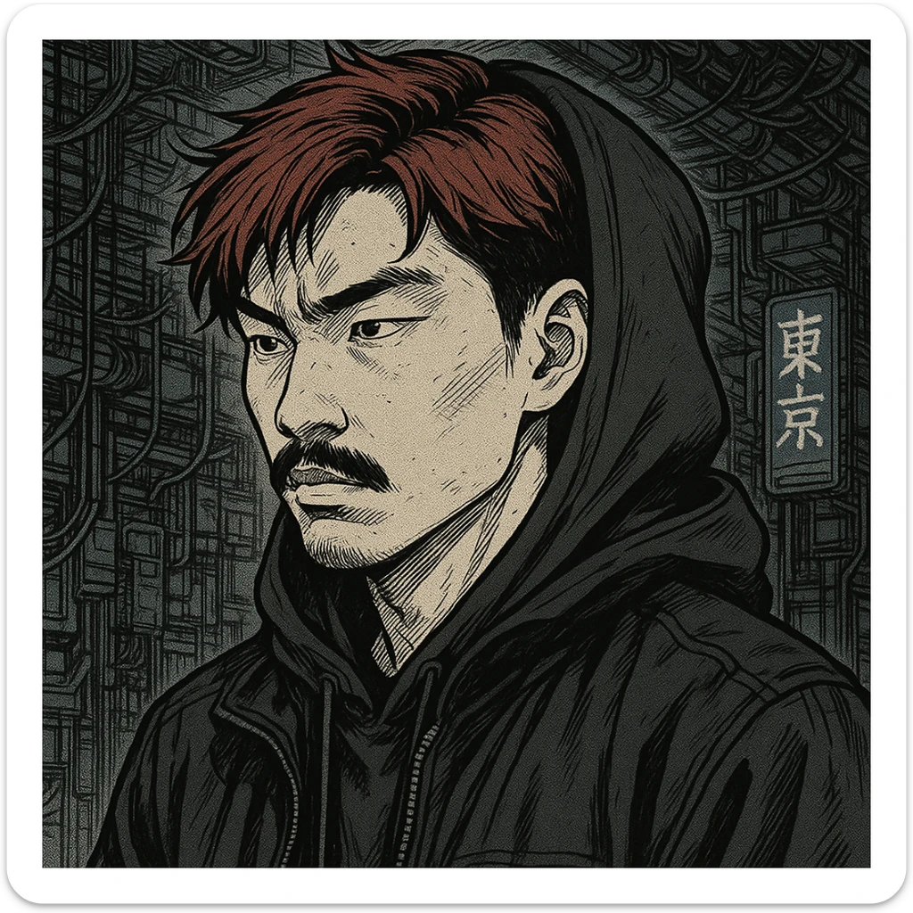 Asian man with black mustache, red hair, black hoodie, Japanese manga style inspired by Ghost in the Shell, cyberpunk atmosphere, detailed linework, monochrome with subtle color accents sticker