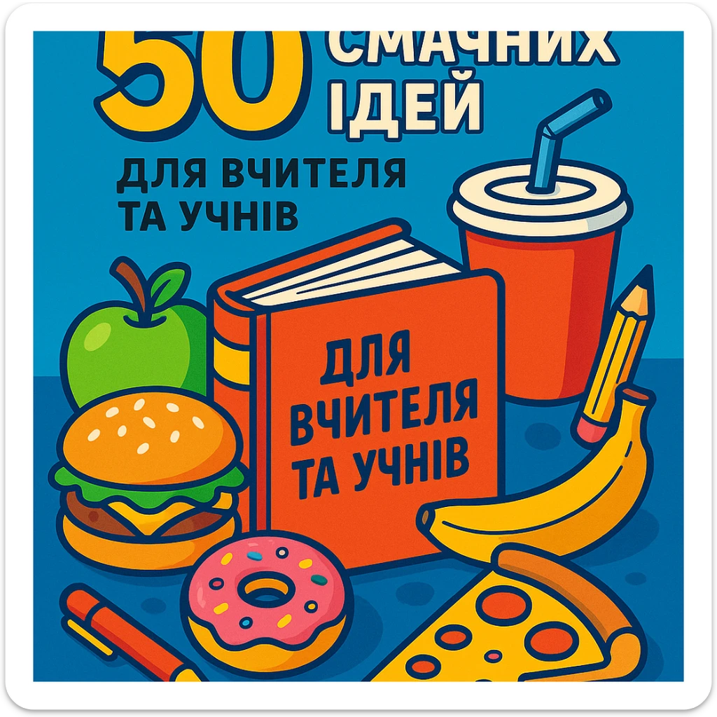 Обкладинка посібника з текстом українською мовою: «50 смачних ідей для вчителя та учнів». Мультяшний стиль, композиція з книжкою, їжею та шкільними предметами, яскраві кольори, позитивний настрій. sticker