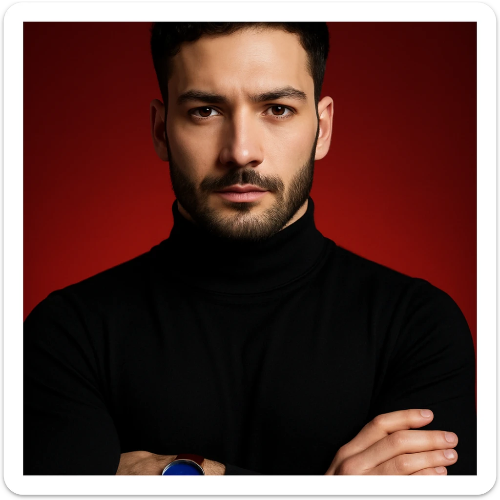 Create an ultra-realistic, high-detail, 4K editorial portrait of the person in the reference image. Emphasize sharp features, flawless fair skin, sleek black hair, and a black turtleneck. The person has arms crossed and wears a wristwatch with a blue dial and brown strap. The background is a bold red gradient with dramatic cinematic lighting. The composition is symmetrical and minimal. This is variation 6. sticker