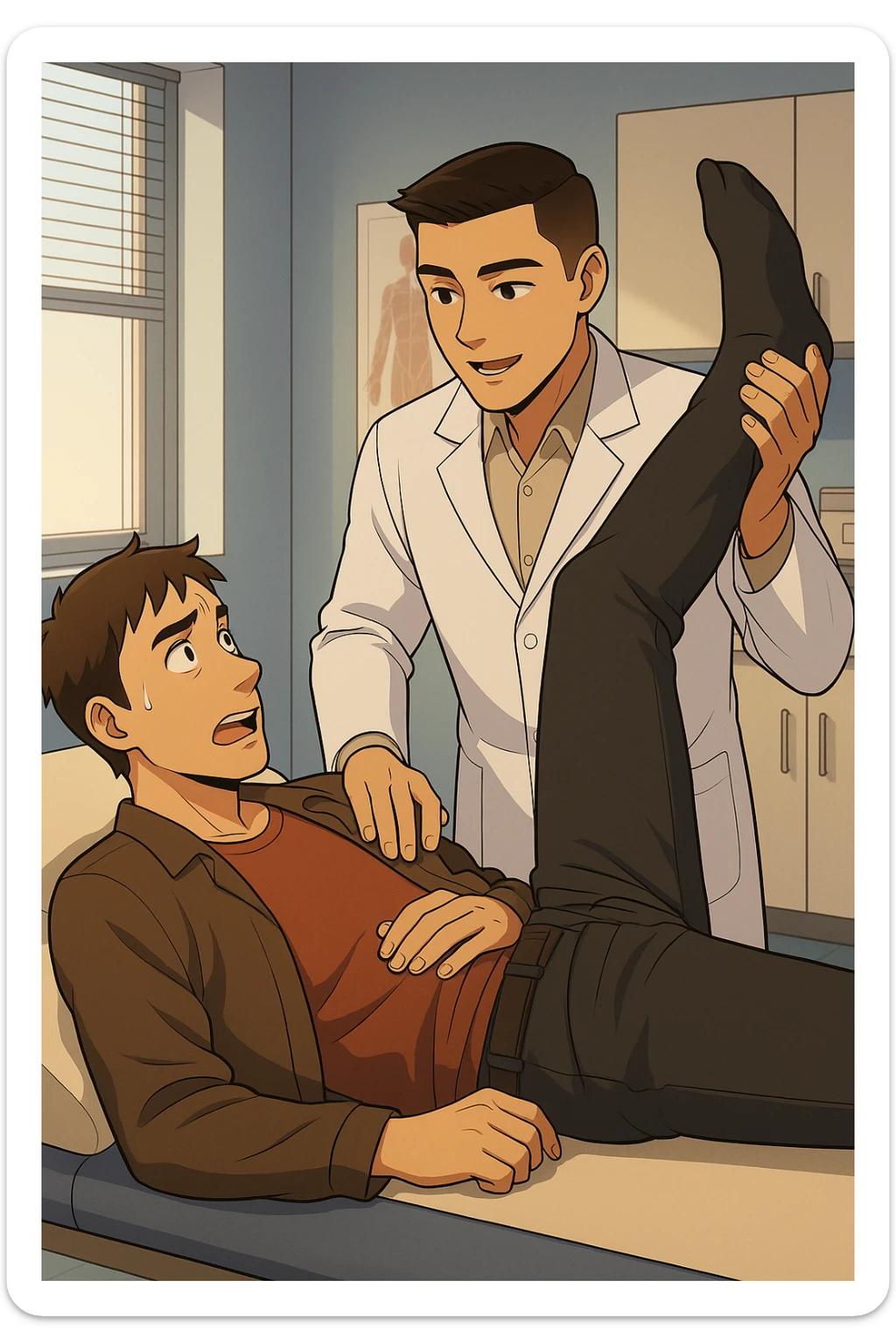 fai un webtoon manga a colori con questo stile, in cui un uomo è steso sul lettino medico e il kinesiologo con il camice bianco (fagli anche la scritta "ANTONIO ANANIA" SUL CAMICE, gli solleva una gamba per fargli il test neuromuscolare, IL KINESIOLOGO SPIEGA ALL'UOMO UNA cosa mentre gli alza la gamba. non fare i fumetti però, fai solo in modo che sembri stiano parlando sticker