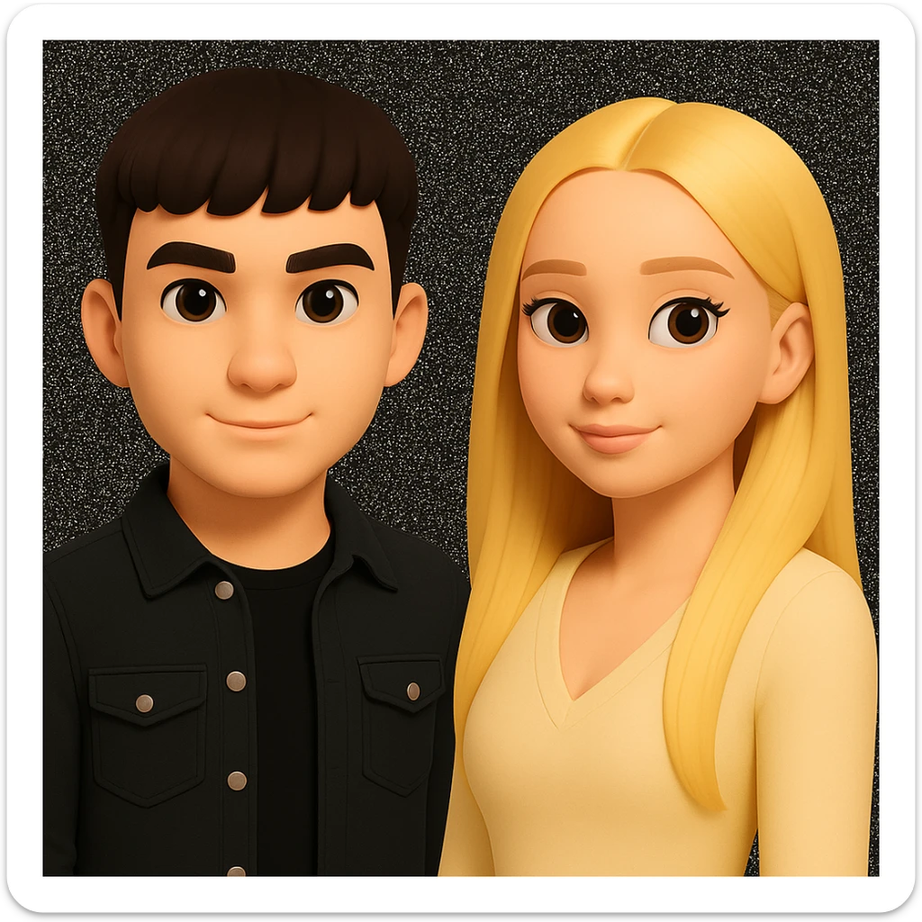 Slightly increase the volume of the upper body of the girl, separate the girl and the boy from each other, make the skin color the same for both characters, while preserving the cartoonish 3D style as shown in the reference image. sticker