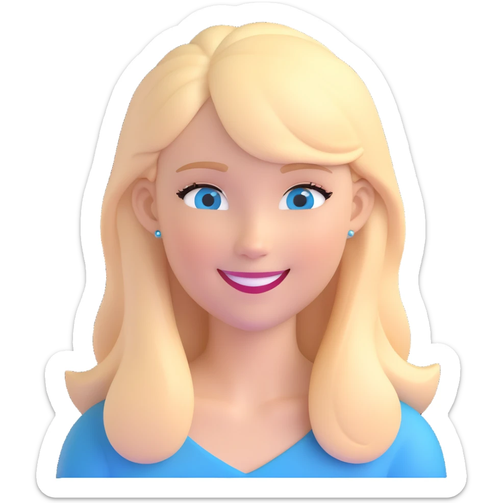 3D emoji of a white girl with blonde hair and blue eyes, smiling sticker