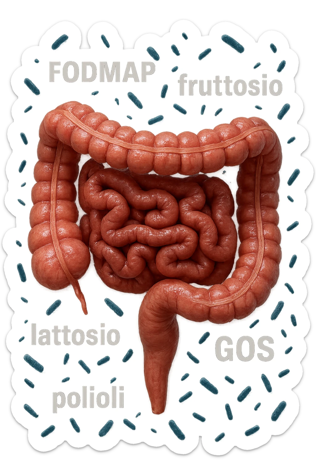 intestino umano anatomico con parole TIPO "FODMAP, fruttosio, lattosio, GOS, Polioli" in italiano CHE GLI FLUTTUANO INTORNO INSIEME A BATTERI INTESTINALI, iperrealistica 4k sticker