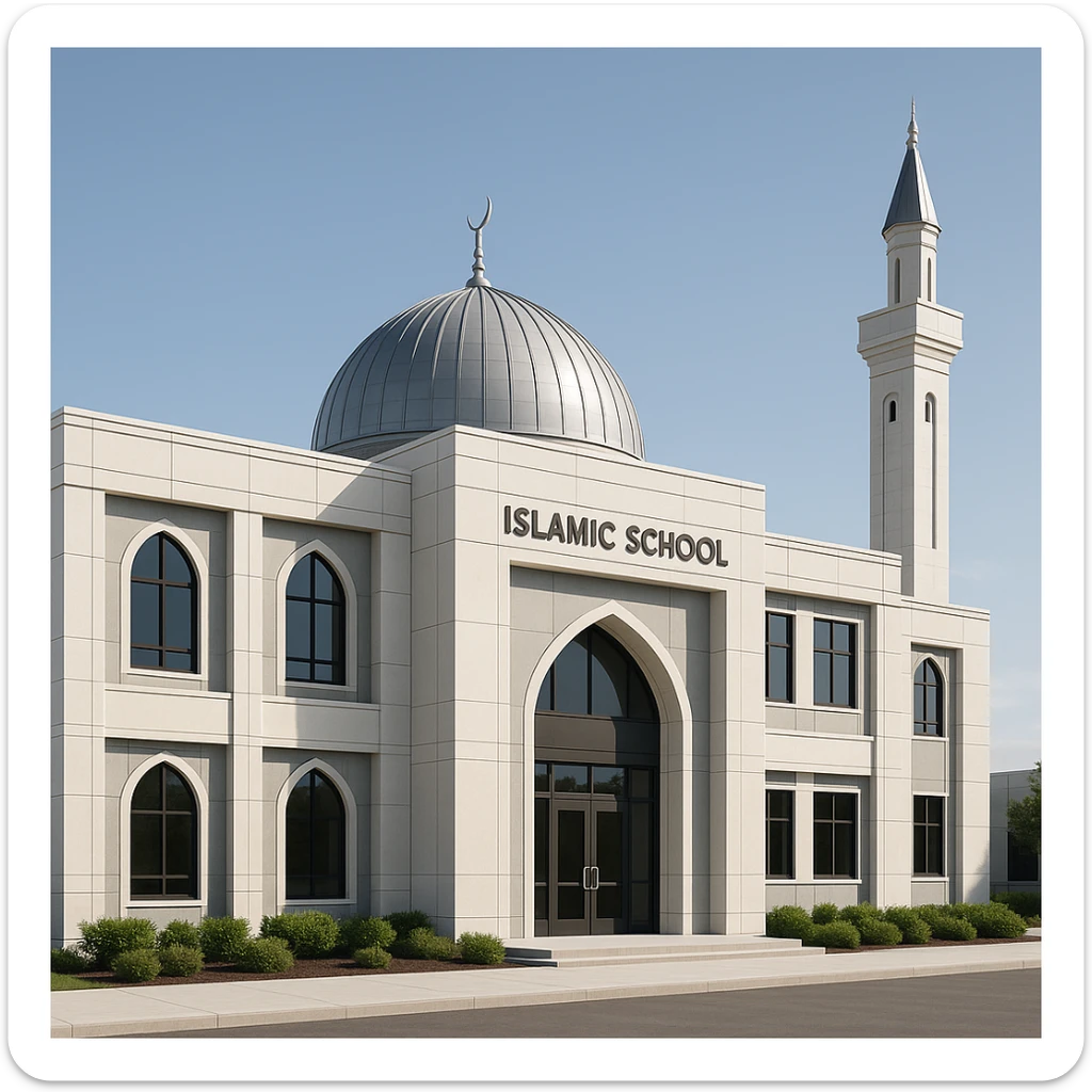 modern Islamic school building with a dome and minaret, clean and professional style sticker