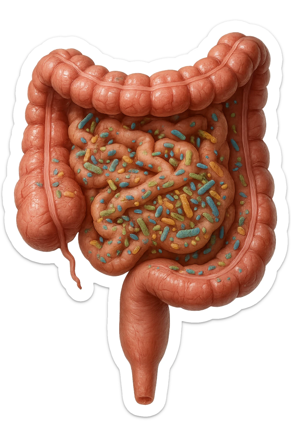 INTESTINO UMANO ANATOMICO CON BATTERI INTESTINALI, iperrealistica 4k sticker