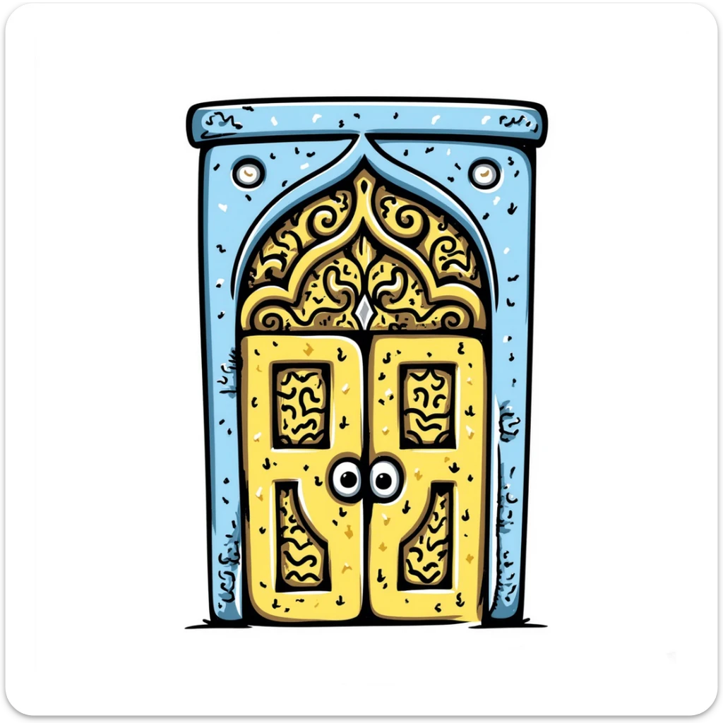 doodle of a Tunisian door with ornate patterns, blue and yellow, hand-drawn style sticker