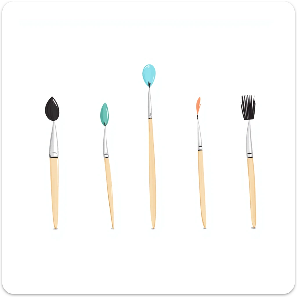 Set of artist paintbrushes in different sizes and shapes with wooden handles and colorful bristles. Using specific pastel colors (dd9fb0, ffc6d3, a3bfc9, c4bee2, f1b091). Hand-drawn doodle style with intricate details. Some brushes have paint on their tips. Transparent background. sticker