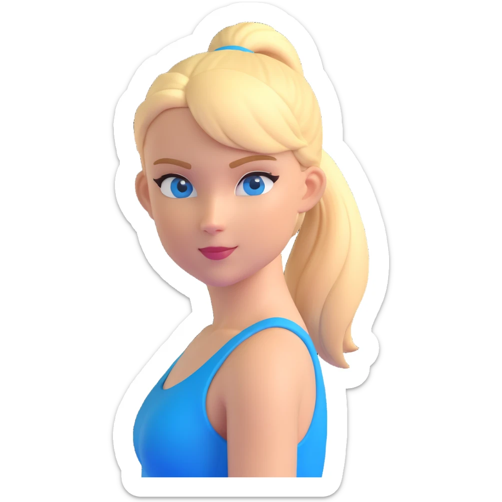 a woman in a sporty swimsuit, blonde hair in a ponytail, blue eyes, confident expression sticker