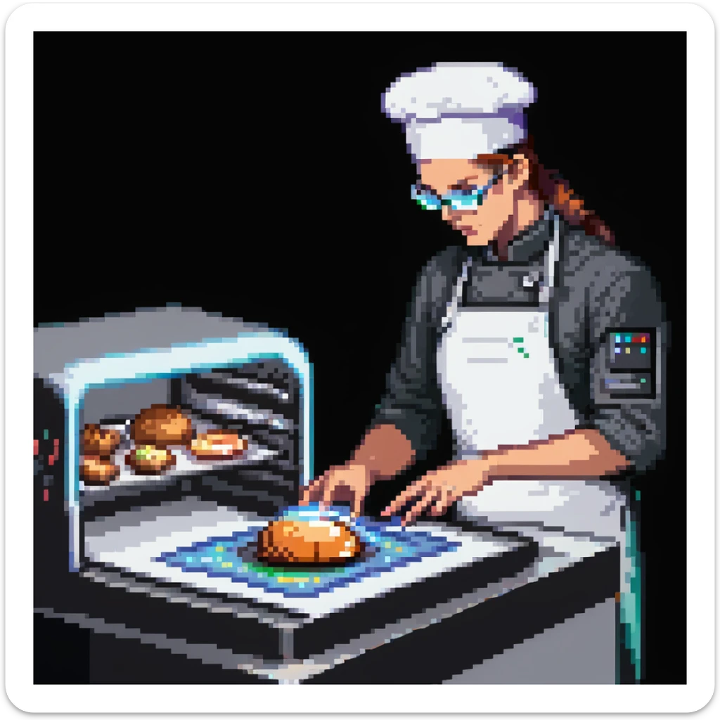 Ein futuristischer Bäcker mit holografischen Zutaten, Laserpräzision und einem Ofen, der mit Lichtstrahlen arbeitet. Interface wirkt wie Glas mit Lichtreflexen, Buttons wie Touchpads mit haptischem Feedback. sticker