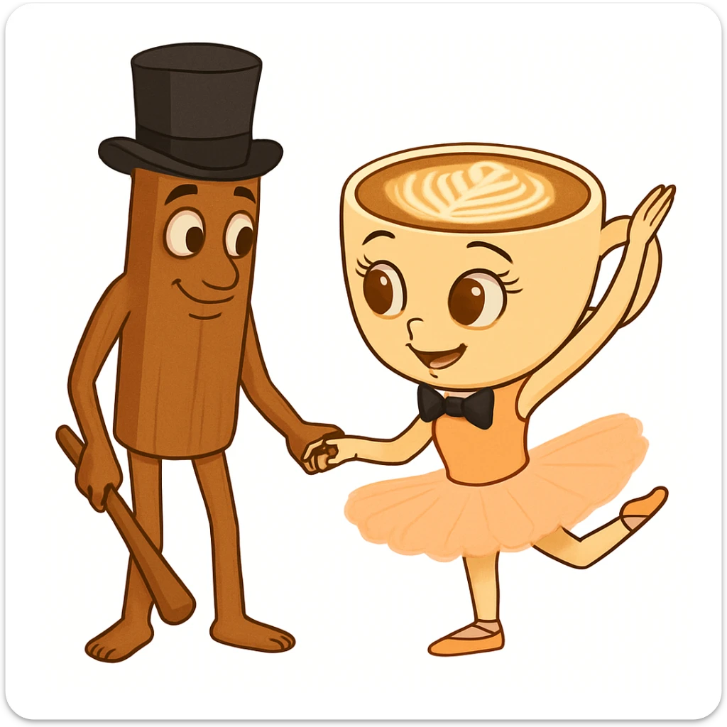 Add a bow tie to the coffee cup character and a top hat to the cinnamon stick character in the same quality and style as the original image. sticker
