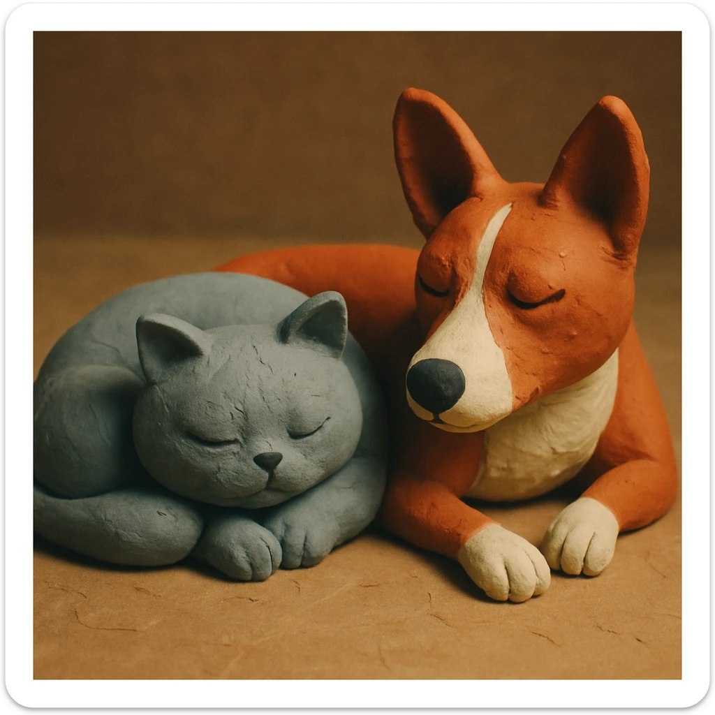 A gray British Shorthair cat curled up and sleeping next to a red Basenji dog sticker