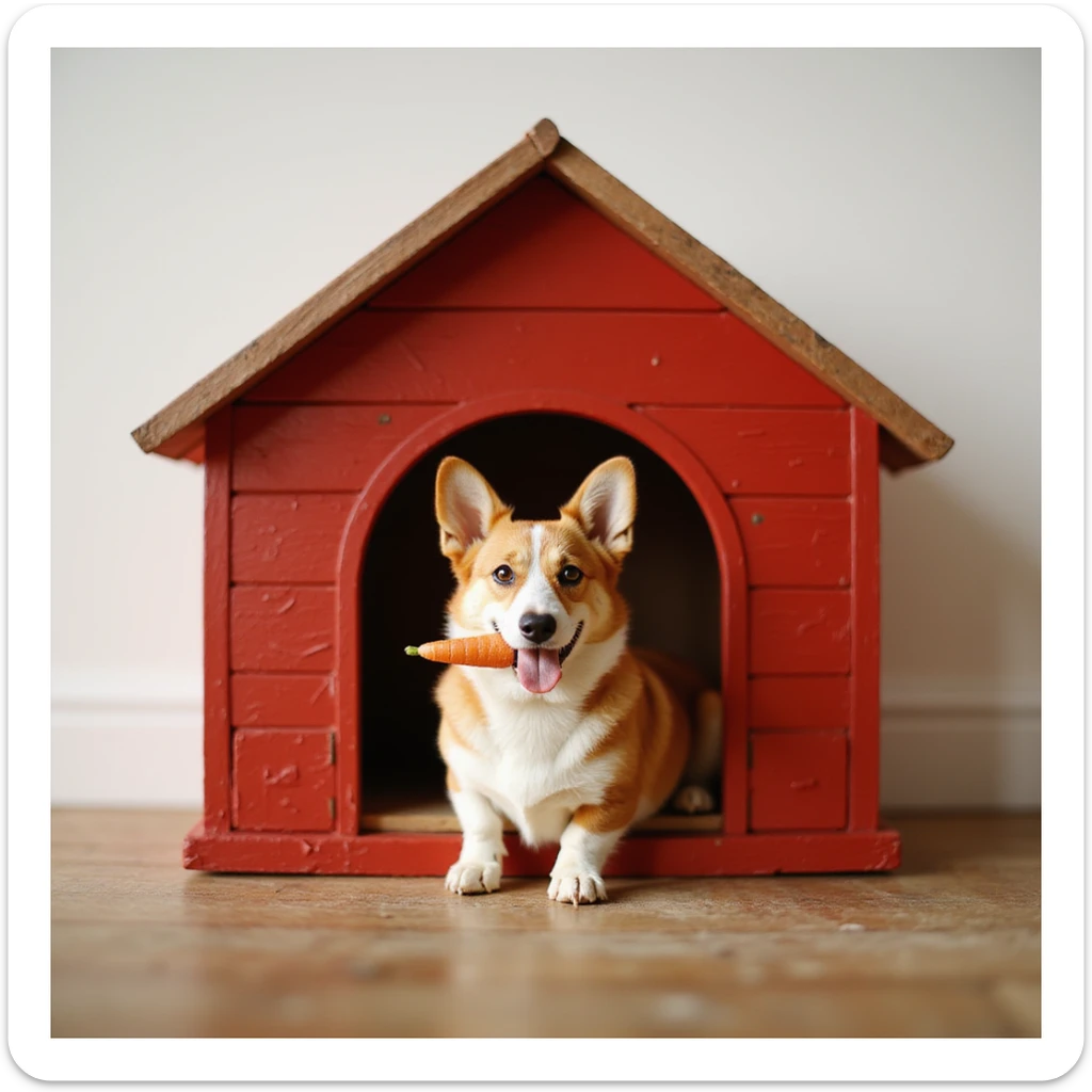 realistic red dog house with a Corgi dog inside, Corgi with a carrot, photorealistic style sticker
