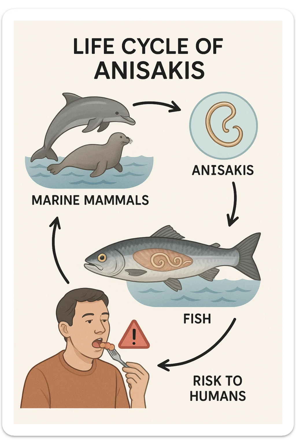 a diagram showing the life cycle of Anisakis, with arrows connecting stages from marine mammals to fish and then to humans. Each stage is illustrated with realistic images: the parasite in the ocean, inside a fish, and the risk to humans who eat contaminated seafood. The style is clear and informative, with labels and icons. sticker