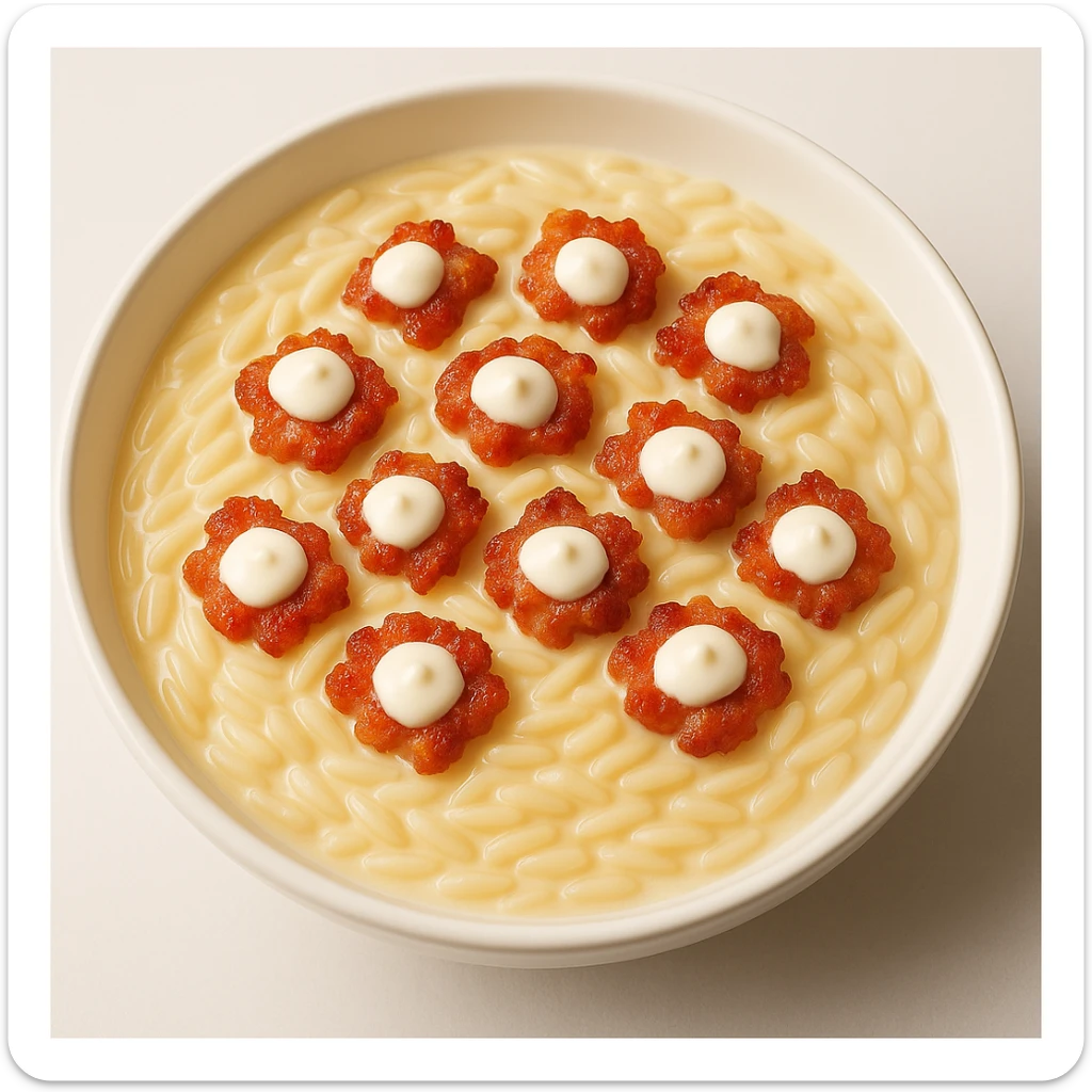 A plate of risoni, topped with small pieces of bacon with cream on top of the bacon. sticker