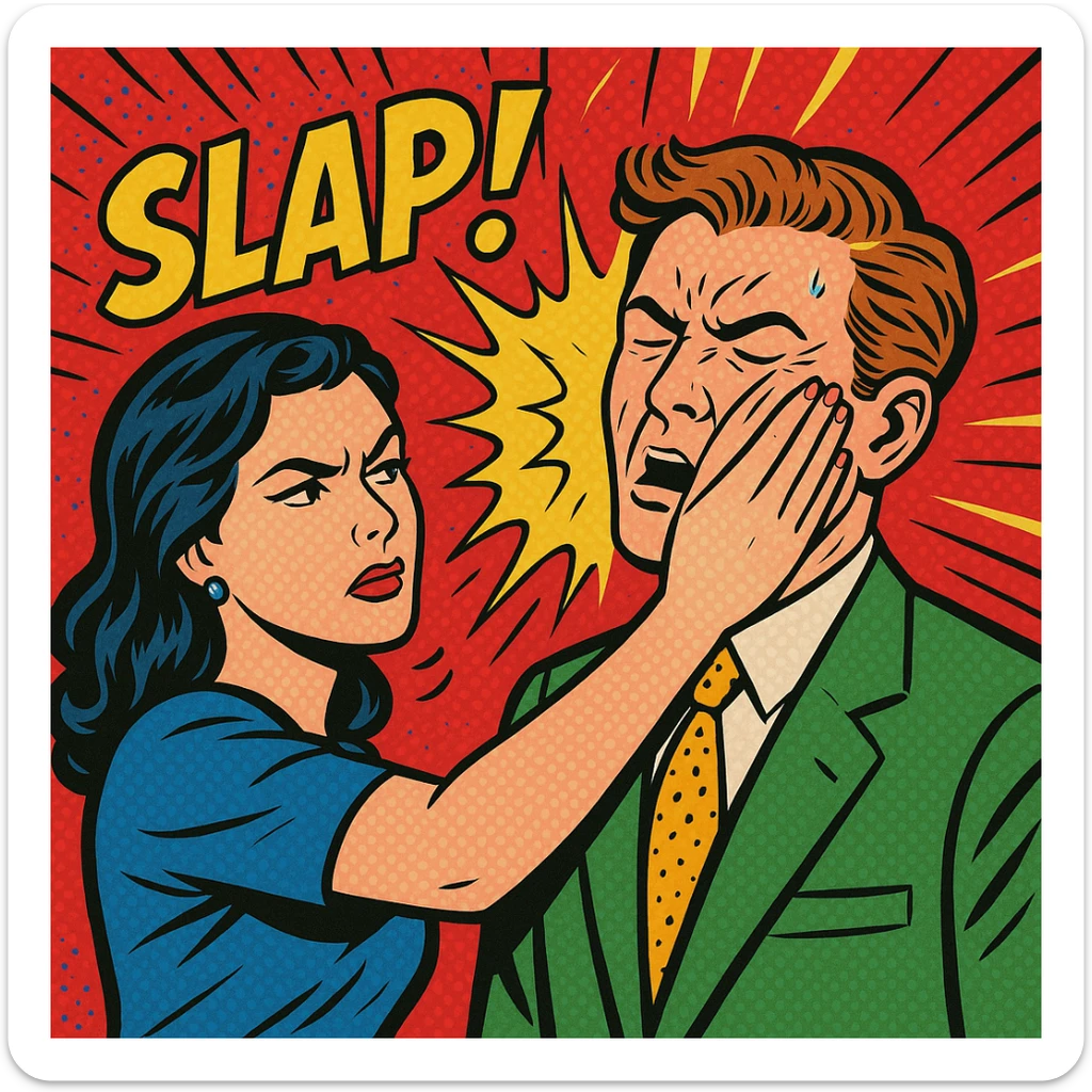 a woman delivering a slap to a man's face, with onomatopoeia 'SLAP!' and vibrant colors sticker