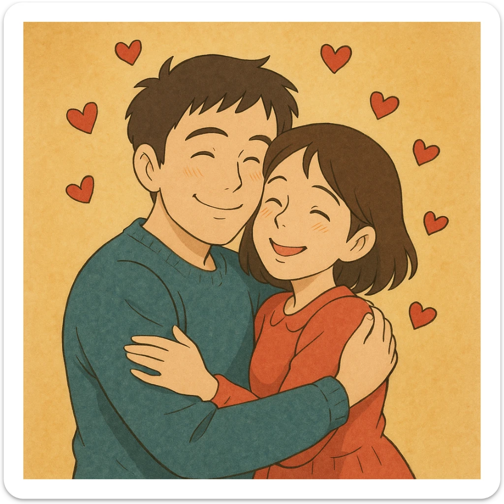 Transform this man and woman into a loving couple in Ghibli style, hugging with hearts around them sticker