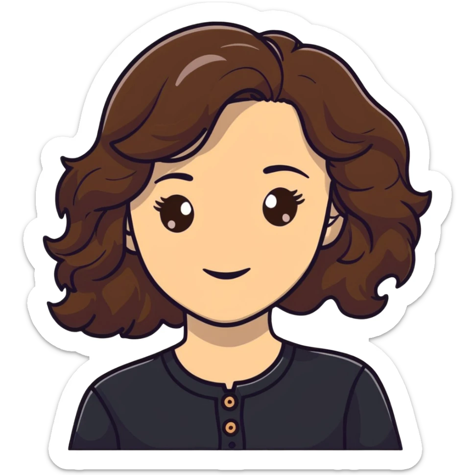 27 year old Caucasian woman with fair skin, brown eyes, long wavy dark brown hair, wearing a black top with a button sticker