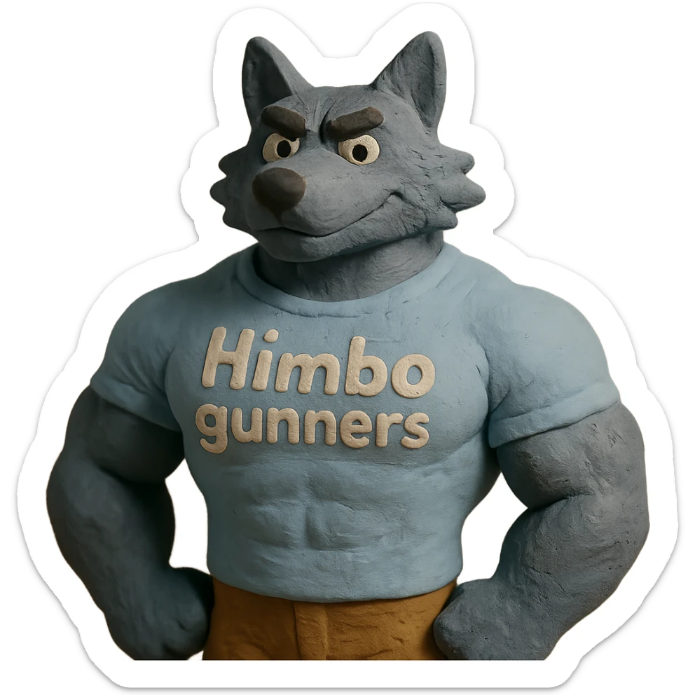 muscular wolf furry wearing a t-shirt that says 'Himbo gunners' sticker