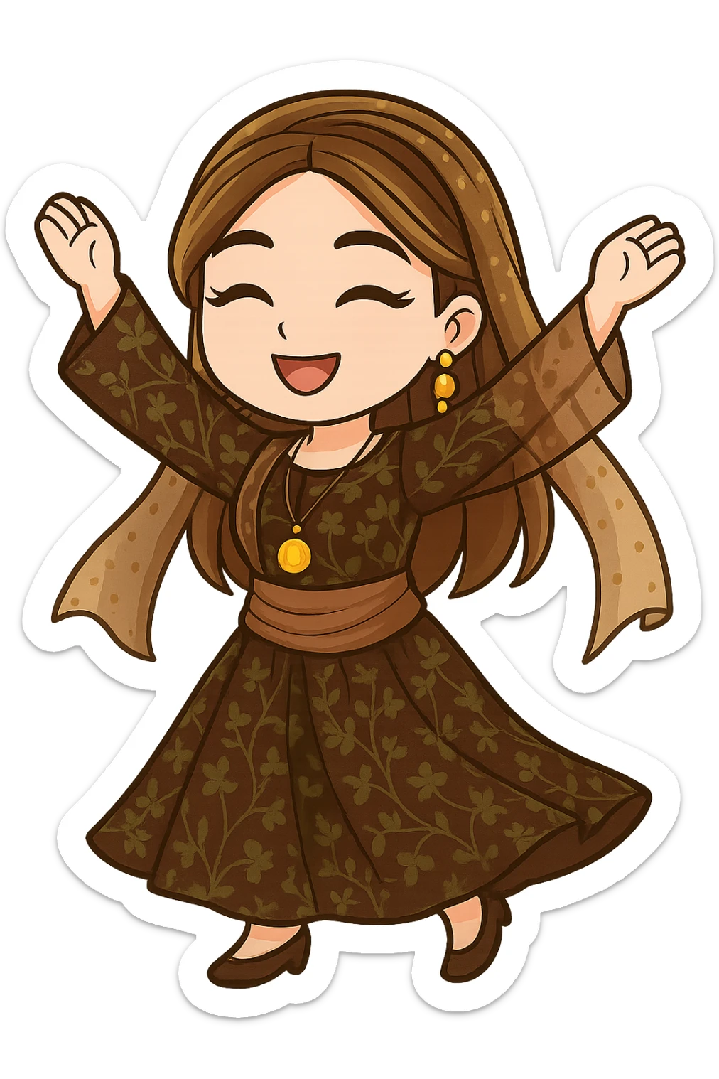 Kurdish cartoon sticker of the same woman in the new dress, dancing Kurdish style (Halparke or Sama) with arms raised, joyful expression, no text, transparent background, chibi stickers style. sticker
