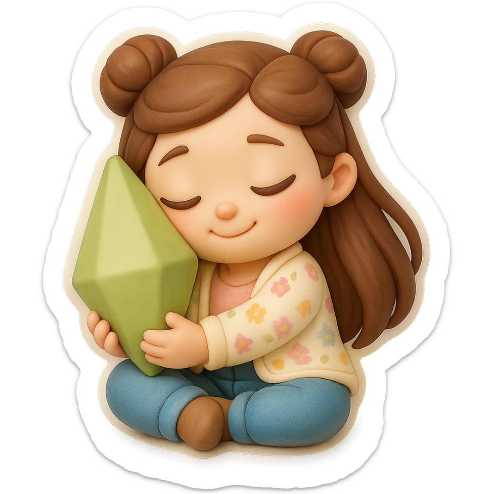 Create a 3D chibi fondant cake art style image with high-quality rendering, smooth shadows, and soft gradients. The girl should be based on the reference image, preserving facial features, with long brown hair in two space buns, brown eyes, jeans, and a pastel floral cardigan. Add a thick white outline like a sticker and make the background transparent. She is sitting in lotus pose, hugging a Plumbob and pressing her cheek to it like a kitten. sticker