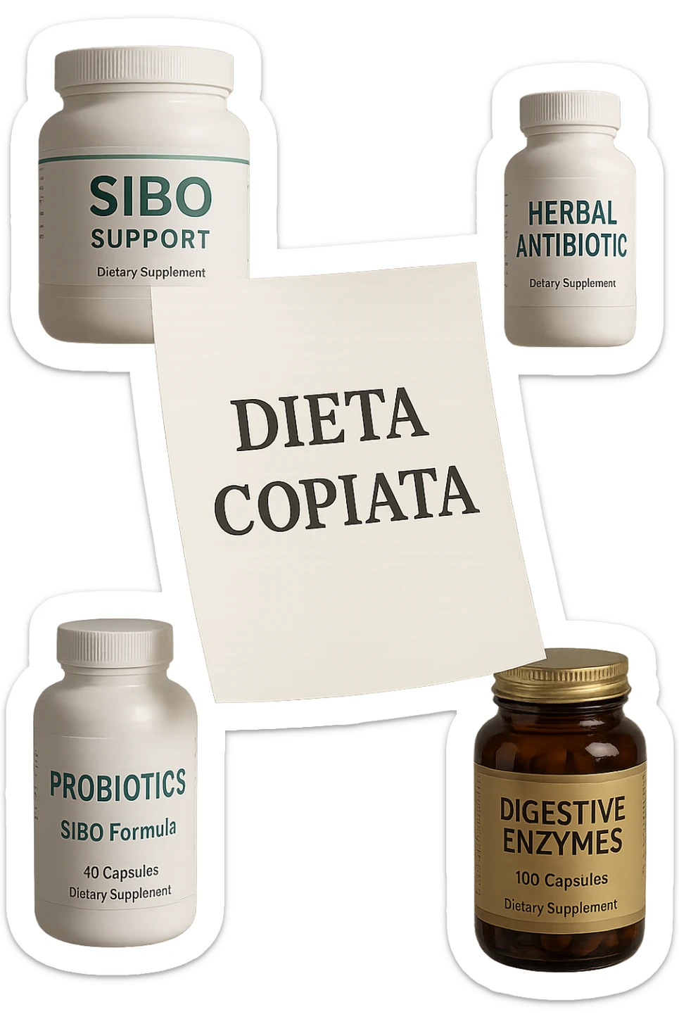FOGLIO DI CARTA FLUTTUA IN ARIA CON LA SCRITTA "DIETA COPIATA", INSIEME A BARATTOLI DI INTEGRATORI PER CURARE IL SIBO, IPERREALISTICO 4K, NON DISEGNATO sticker